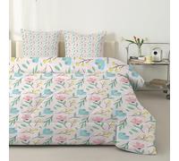 Pale Blue Floral Single Duvet 7.5 Tog, Anti-Allergy Coverless Leaves Duvet Single, Cream Bed Quilts for All Seasons - Soft & Machine Washable Comforter Bedding with 2 Pillowcases - D18