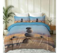 Pale Blue Minimalist Breathable Duvet Set, Soft And Easy Care Microfiber River Pebbles Balance Beam Sand Duvet Cover, King Size Comfortable Bedding Set with 2 Pillowcases for Teens Kids