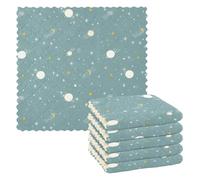 Pale Blue Planet Moon Star Print Kitchen Cleaning Cloths Set of 6 Super Absorbent Dish Towels 28 X 28 cm Reusable for Home Surface Bathrooms Car