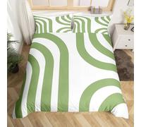 Pale Green White Stripes Duvet Cover Kids Geometric Bedding Set King Size Abstract Art Comforter Cover for Women Men Room Decor Soft Microfiber Modern With 2 Pillow Case