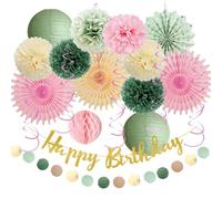 Pale Pink and Sage Green Birthday Decorations for Women Cream Light Pink Paper Fans Tissue Paper Pom Poms Olive Green Birthday Decorations with Banner Gold for Girls