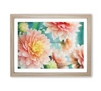 Pale Pink Dahlia Flowers In Bloom Painting Modern Art Framed Print | A2 Oak Framed Wall Art | Ready to Hang | Modern Floral Picture | Living Room Bedroom Lounge Office