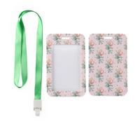 Pale Pink Flowers Badge Holder with Green Lanyard, Security Badge Holder, Vertical ID Cards Protector for Nurse, Vertical Cards Protector for Work, Nurse Accessories Work Bus Driver Accessories