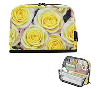 Pale Yellow Roses Pink Edges Big Pencil Pouch Zipper Pencils Case Pencil Storage Bags Cute Pen Marker Bag for Girls Personalized Preppy College High School Supplies