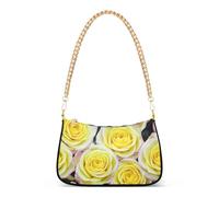 Pale Yellow Roses Pink Edges Ladies Shoulder Bag Floral for Women Hobo Evening Purse Floral Tote Handbag Zipper Closure