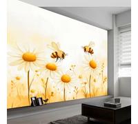 Pale Yellow Wall Wallpaper Mural Insect Cartoon Bee Daisies, Premium Non-Woven Wallpaper Mural for Bedroom livingroom Wall Decor 400 x 280 cm Art Print Photo Paper Poster