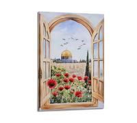 Palestine Holy Land Wall Art Poster Watercolor Dome of The Rock Poppies Window View Middle Eastern Art Print Elegant Home Wall Decor 24x36inch(60x90cm)