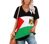 Palestine National Flag Print V Neck Short Sleeve Multicolor Women’S V Neck Tee Black, White and Green Color Matching Oversized T Shirt for Women UK, Ladies Basic Summer Loose Tshirts Tunic Tops M