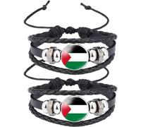 Palestinian Flag Bracelet, 2 Pcs Multi-layer Braided Leather Bracelet, Palestinian Flag Wristband Adjustable Bracelet Souvenir Gift for Men Women