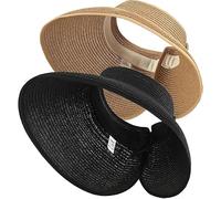 Palhyte 2Pcs Summer Straw Hat Foldable Visor Hats,Sun Visors for Women Wide Brim Straw Ponytail Beach Hat