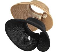 Palhyte 2Pcs Summer Straw Hat Foldable Visor Hats,Sun Visors for Women Wide Brim Straw Ponytail Beach Hat