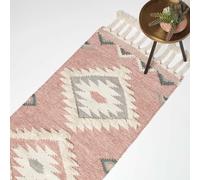 HOMESCAPES Pink & White Handwoven Kilim Rug Carpet Runner for Hallway 66 x 200 cm Traditional Geometric Pattern 'Pali' Wool & Cotton Rug with Tassels