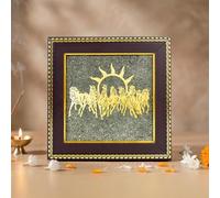 Palicourea 7 Running Horses Vastu Wall Frame with Raw Pyrite Stone 7x7 Inch Sun Background Decorative Painting for Wealth Success Protection Chakra Healing Feng Shui Wall Decor for Home Office