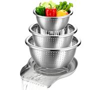 Palksky Stainless Steel Colander Set with Self-Draining Base, 3 Sizes Colanders & Food Strainers for Pasta, Rice, Fruits & Veggies, Metal Colander with Draining Plate for Sink or Countertop