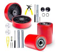 Pallet Jack/Truck Full Set RED with Axles, Steering Wheels 7"x 2" Pair, Front Load Roller 3" x 3.75" Pair with Bearings ID 20mm Poly Tread Red, Entry Exit Roller and Protective Caps