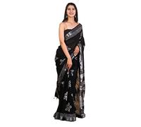 Pallo Latke Women's Hand Block Kalamkari Batik Bagru Ikkat Indigo Ajrakh Jaipuri Sanganeri Printed Handloom Cotton Linen Saree With Matching Blouse piece (Black, White), Black 12, Free
