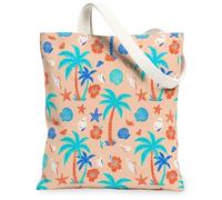 Palm Canvas Tote Bag for Women, Summer Tropical Starfish Shell Summer Coral Washable Reusable Aesthetic Tote Bag Ideas for, Coral, 13x15 Inch