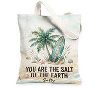 Palm Canvas Tote Bag for Women, Summer Tropical Surfboard Starfish Summer Turquoise Washable Reusable Shopping Bags Ideas F, Turquoise, 13x15 Inch