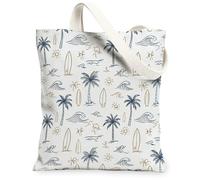 Palm Canvas Tote Bag for Women, Summer Tropical Waves Surfboard Summer Navy Washable Reusable Shopping Bags Ideas for Trave, Navy, 13x15 Inch