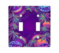 Palm Double Light Switch Cover Plate, Tropical Neon Waves Sunset Summer Violet Plastic Standard Size Decorative Wall Plates for Home Living Room Bedroom Bathroom Decor