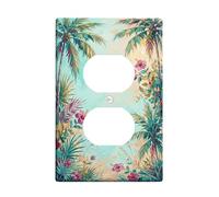 Palm Duplex Outlet Covers Wall Plate, Tropical Vibrant Flower Leaf Summer Turquoise Plastic Standard Size Wall Plates for Electrical Outlets for Home Living Room New Apartment Decor