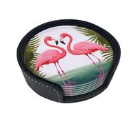 Palm Leaf And Flamingos Couple Round Leather Coasters (6 Pieces) - Drink Coaster Set For Desk, Modern Easy To Clean Home Office & Farmhouse Coasters