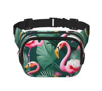 Palm Leaf And Flamingos Couple Square Double-Layer Waist Bag Mini Adjustable Waist Belt Bag Exercise Running Travel Hiking, Black, One Size