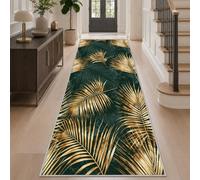 Palm Leaf Hallway Runner Rug 80x180, Emerald Green Gold Runners Washable | Luxury Tropical Pattern Carpet Runners Low Pile Non Slip for Entryway Kitchen Laundry Room Living Room Bedroom, qD181