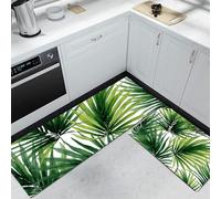 Palm Leaf Pattern Kitchen Rugs and Mats Carpet Standing Mats Washable 2 Pieces Microfiber Non-Slip Green Rug Set for Kitchen Floor Front of Sink, Hallway, Laundry Room,45x75+45x150cm,Tropical Plants