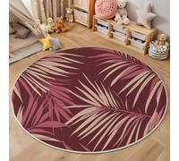 Palm Leaf Pattern Rugs Living Room Round 160cm Modern Abstract Style Claret Washable Circle Area Rugs Bedroom Carpet Round Short Pile Anti Slip for Dining Room Kids Room Hallway
