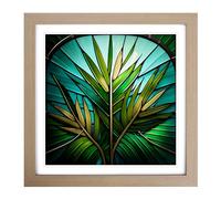 Palm Leaf Stained Glass Effect Framed Print | 18x18 Inch Oak Framed Wall Art | Ready to Hang | Modern Floral Picture | Living Room Bedroom Lounge Office