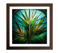Palm Leaf Stained Glass Effect Framed Print | 18x18 Inch Walnut Framed Wall Art | Ready to Hang | Modern Floral Picture | Living Room Bedroom Lounge Office