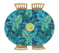 Palm Leaves 48 x 68 Inch Oval Fitted Tablecloth with Elastic Edged, Waterproof Oil Proof Wipeable Oblong Table Cover for Indoor Outdoor Patio Table, Fits Oblong Oval Tables Up To 48" W x 68" L