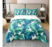 Palm Leaves Bedding Set King 3 Pcs Watercolor Tropical Leaf Decor 100% Cotton Duvet Cover for Kids Teens Adults Teal Green Blue Natural Plants Comforter Cover,2 Pillowcases,No Comforter