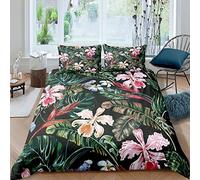 Palm Leaves Duvet Cover Tropical Floral Jungle Leaf Bedding Set Single Size,Exotic Botanical Orchid Plant Flower Comforter Cover Set for Kids Boys Girls Teens Adult Hawaiian Style Bedroom Decor