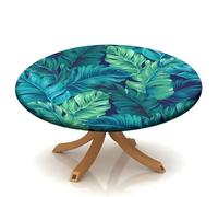 Palm Leaves Elastic Edge Table Cover Round, Hawaiian Green Leaf Fitted Tablecloth, Outdoor Picnic Patio Party or Indoor Canteen Dinner Dining Tables Decoration, Fits Tables up to 32" Diameter