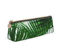 Palm Leaves Green Shades Printed Triangle Leather Pencil Case for Girls Boys, Zipper Pencil Bag Pen Pouch Bag Organizer for Student School Office College