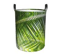 Palm Leaves Green Shades Round Single-Layer Laundry Hamper With Full Wrap Print, Water-Resistant Polyester Fabric For Home Car Storage