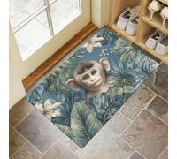 Palm Leaves Monkeys Door Mat Washable 90 x 150 cm Blue-Green Entryway Doormat Indoor Jungle Animals Thin Rug Lightweight Non Slip Carpet for Kitchen Bedroom Floor Mat