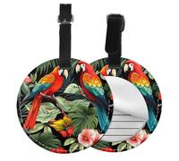 Palm Leaves Parrot Round Luggage Tag 4PCS Tropical Floral PU Leather Travel Bag Tag ID Labels Name Card Holder wtih Buckle for Luggage Suitcase Backpacks