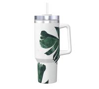 Palm Leaves Print 40oz with Straw and Lid, Stainless Steel Double Wall Vacuum Insulated Coffee Mug for Hot and Cold Coffee, Travel Mug with Handle