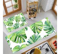 Palm Leaves Watercolor Painting Kitchen Rugs Sets Non Slip Washable Kitchen Mats Anti Fatigue Comfort Tropical Leaves Floor Mats for Laundry, Hallways, Sink 40x60cm+40x120cm Emerald Green