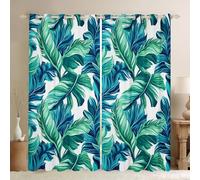 Palm Leaves Window Curtains 2 Panels 46Wx54L Watercolor Tropical Leaf Decor Window Drapes for Kids Teens Adults Teal Green Blue Natural Plants Curtains for Living Room