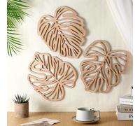 Palm Leaves Wood Wall Decor, 3Pcs Tropical Wall Art Jungle Decor, Wooden Natural Leaves Plant Wall Decor, Vintage Tropical Plant Plaque for Home Living Room Kitchen Bedroom Bathroom & Garden, Light