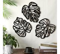 Palm Leaves Wood Wall Decor, 3Pcs Tropical Wall Art Jungle Decor, Wooden Natural Leaves Plant Wall Decor, Vintage Tropical Plant Plaque for Home Living Room Kitchen Bedroom Bathroom & Garden, Black