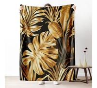 Palm Monstera Queen Size Blanket for Bed, Plant Golden Leaves Microfiber Blanket 86x94 Inch, Luxury Tropical Botanical Couch Throw Blankets Fall Blankets Soft Warm Cozy for Camping Travel