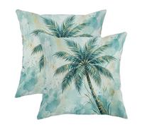 Palm Outdoor Pillow Covers, Tropical Modern Watercolor Leaf Summer Teal Machine Washable Couch Pillow Cases for Patio Porch Deck Outdoor Furniture 18x18 Inch