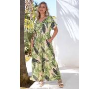 Palm Print Tie Front Jumpsuit Yours White 26-28