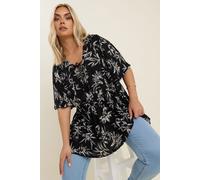 Palm Print Tie Neck Top Yours Black 26-28