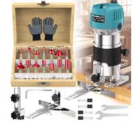 Palm Router Tool, 800W 30000Rpm Electric Woodworking Hand Router with Trimmer Base & 15Pcs 1/4"(6.35mm) Router Bits Set, 220V Wood Trimmer Router with 6 Variable Speeds
